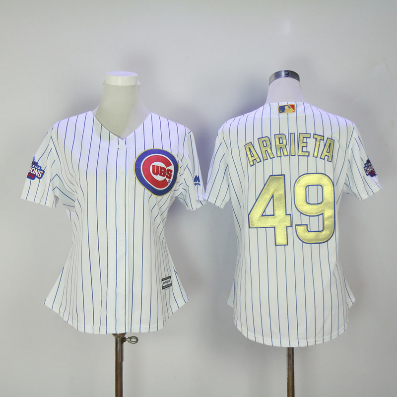 Womens Majestic Chicago Cubs #49 Arrieta Gold Program White Jersey