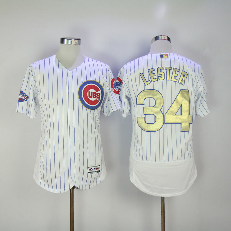 MLB Majestic Chicago Cubs #34 Lester Gold Program White Flex Base Elite Jersey