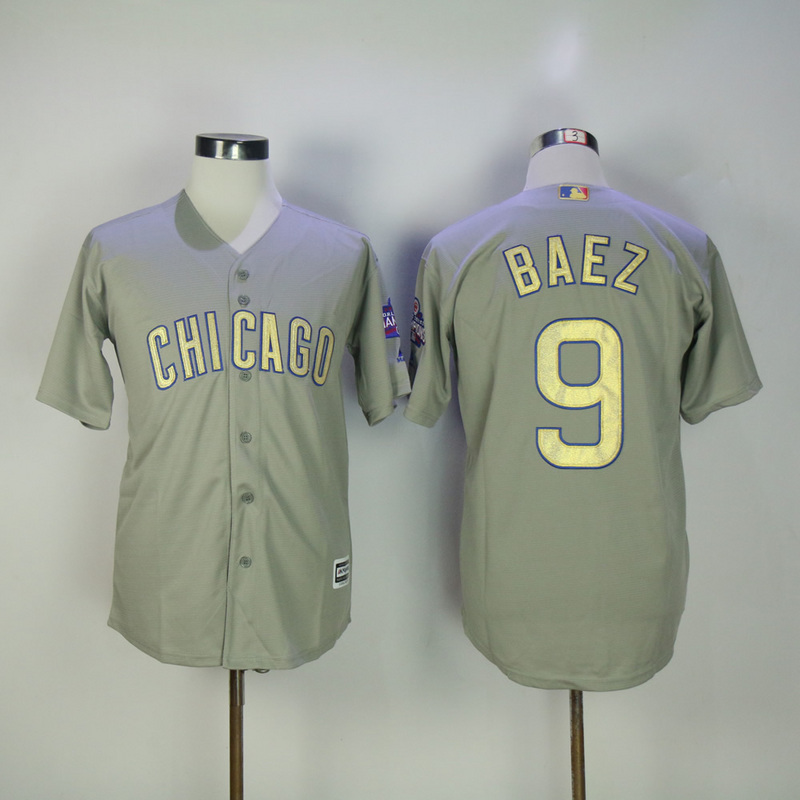MLB Chicago Cubs #9 Baez Gold Number Grey Jersey