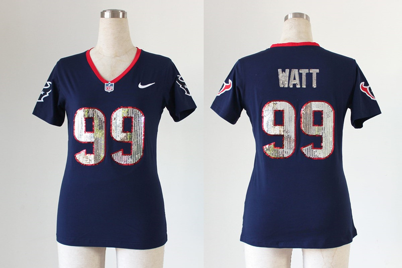 Houston Texans #99 Watt Womens Handwork Sequin Navy Blue Jersey