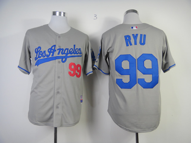 MLB Los Angeles Dodgers #99 Pyu Blue Letters Jersey Grey