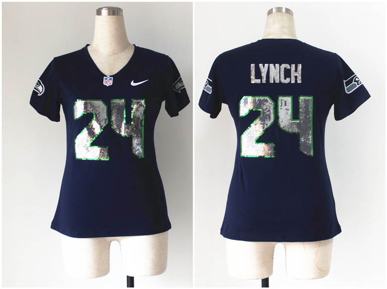 Nike NFL Women Seattle Seahawks #24 Lynch Blue Handwork Sequin Lettering Jersey