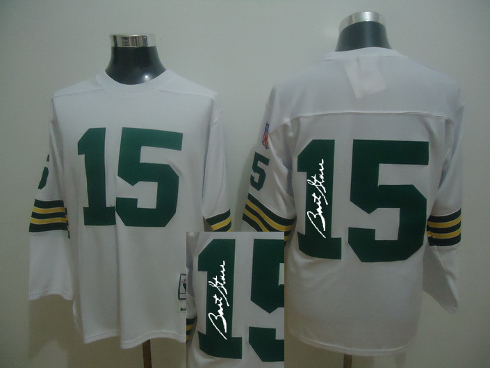 Green Bay Packers #15 White Signature Throwback Long Sleeve Jersey