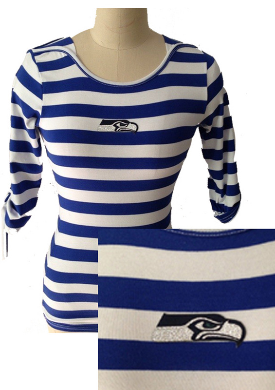 Seattle Seahawks Ladies Striped Boat Neck Three-Quarter Sleeve T-Shirt Blue White