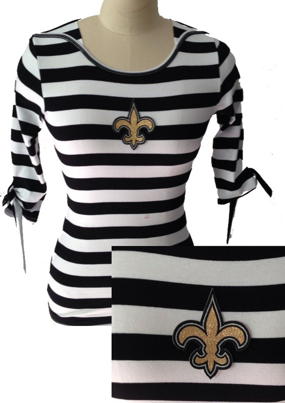 nfl New Orleans Saints Ladies Striped Boat Neck Three-Quarter Sleeve T-Shirt Black White
