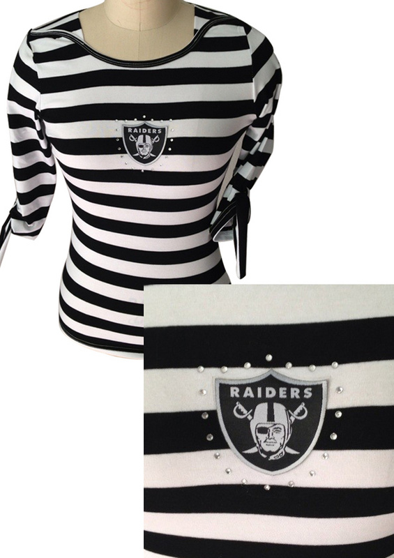Oakland Raiders Ladies Striped Boat Neck Three-Quarter Sleeve T-Shirt Black White