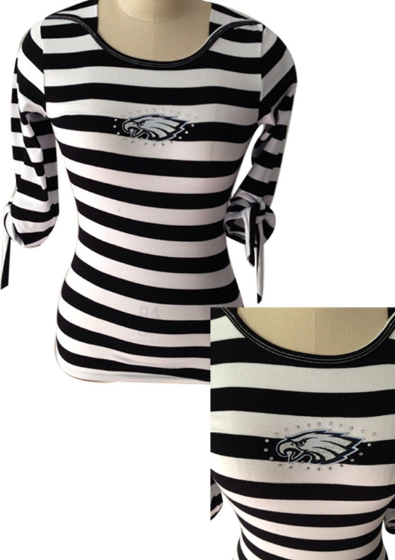 Philadelphia Eagles Ladies Striped Boat Neck Three-Quarter Sleeve T-Shirt Black White