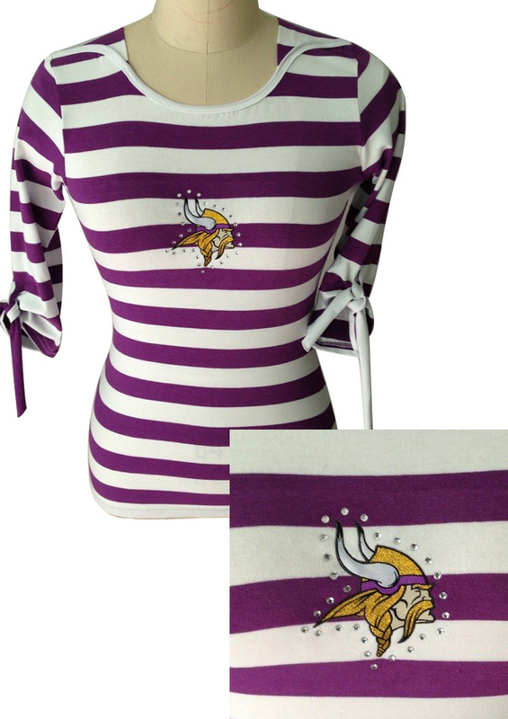 Minnesota Vikings Striped Boat Neck Three-Quarter Sleeve T-Shirt Purple White