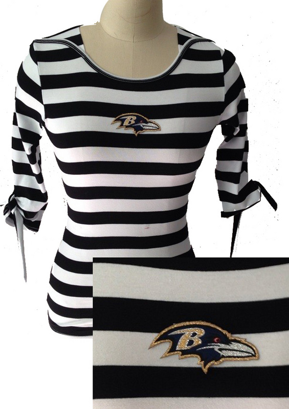 Baltimore Ravens Ladies Striped Boat Neck Three-Quarter Sleeve T-Shirt Black White