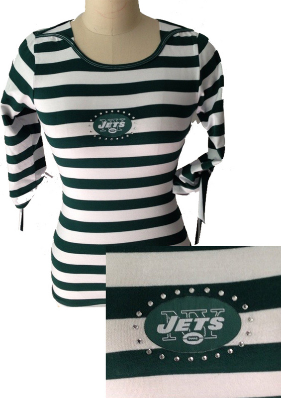 New York Jets Ladies Striped Boat Neck Three-Quarter Sleeve T-Shirt Green White
