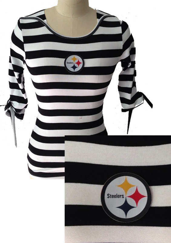 Pittsburgh Steelers Ladies Striped Boat Neck Three-Quarter Sleeve T-Shirt Black White