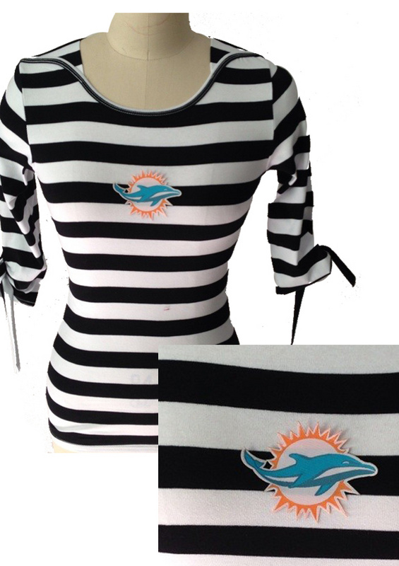 Miami Dolphins Ladies Striped Boat Neck Three-Quarter Sleeve T-Shirt Black White