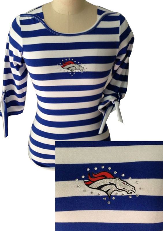 Denver Broncos Ladies Striped Boat Neck Three-Quarter Sleeve T-Shirt Navy Blue White