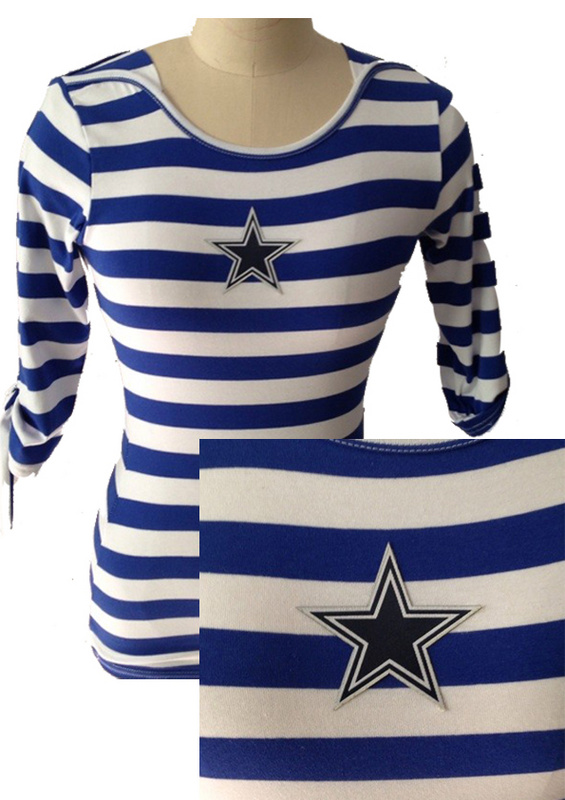 Dallas Cowboys Ladies Striped Boat Neck Three-Quarter Sleeve T-Shirt Blue White