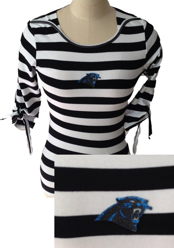 Carolina Panthers Ladies Striped Boat Neck Three-Quarter Sleeve T-Shirt Black White