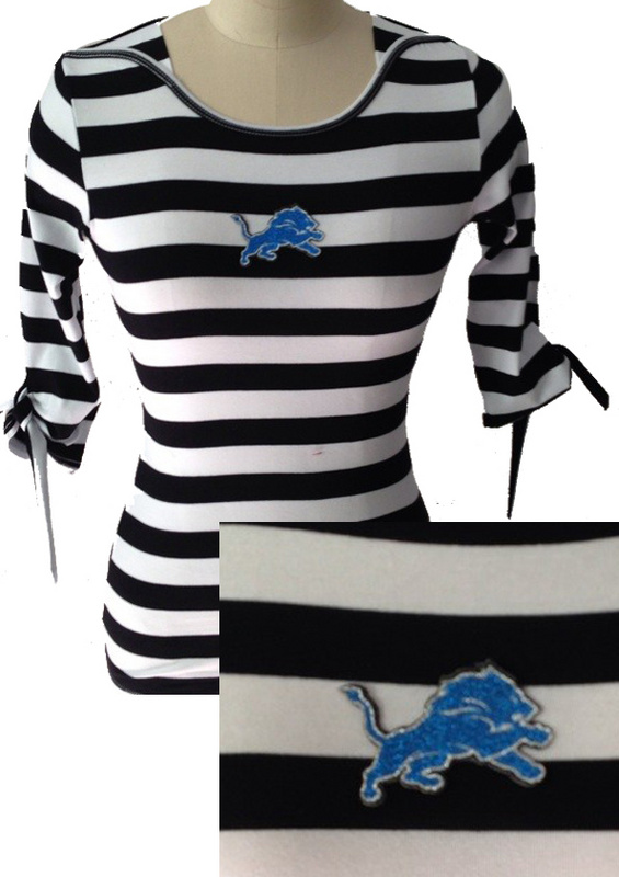 Detroit Lions Ladies Striped Boat Neck Three-Quarter Sleeve T-Shirt Black White