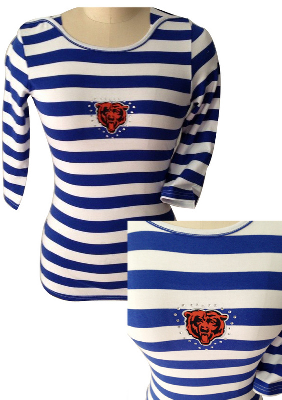 Chicago Bear Ladies Striped Boat Neck Three-Quarter Sleeve T-Shirt Blue White