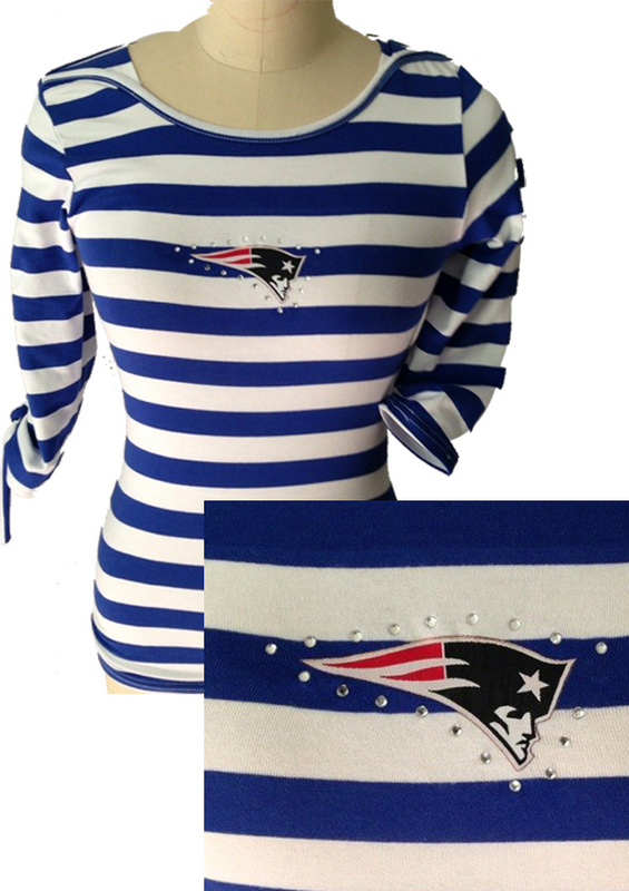 New England Patriots Ladies Striped Boat Neck Three-Quarter Sleeve T-Shirt Blue White
