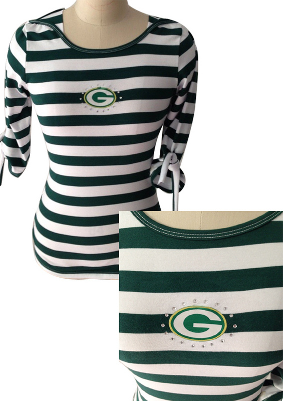 Green Bay Packers Ladies Striped Boat Neck Three-Quarter Sleeve T-Shirt Green White