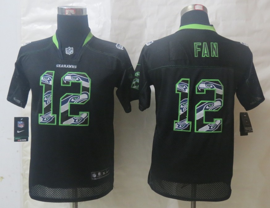 2014 New Youth Nike Seattle Seahawks 12 Fan Lights Out Black Stitched Elite Jerseys