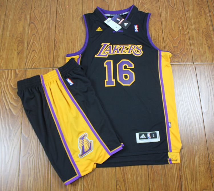 NBA Los Angeles Lakers #16 Gasol Revolution 30 Black Jersey & Short Suit