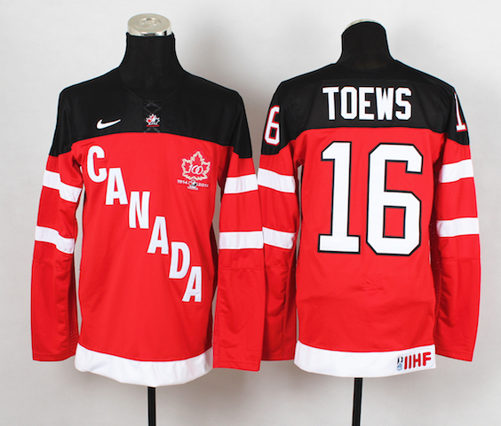 Team Canada Olympic #16 Jonathan Toews Red 100th Anniversary Stitched NHL Jersey