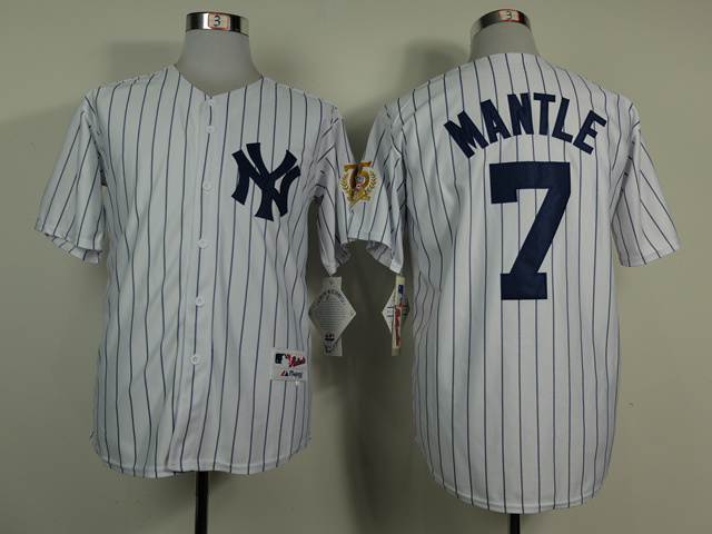 MLB New York Yankees #7 Mantle White Blue Pinstrip Jersey with 75th Patch