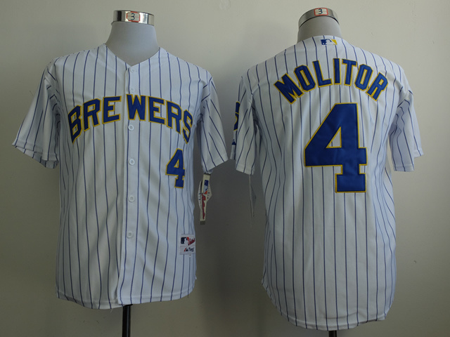 MLB Milwaukee Brewers #4 Molitor White Blue Pinstrip Jersey