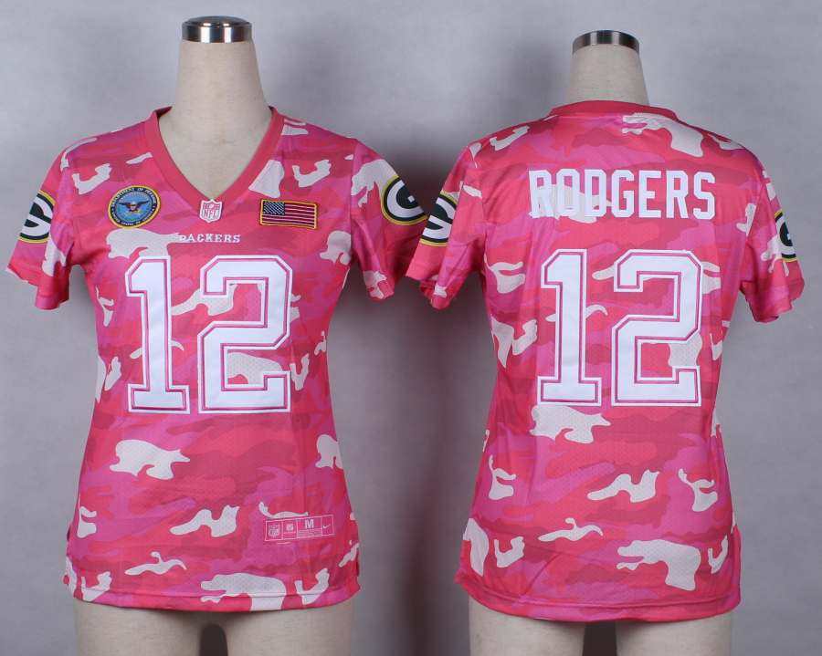 Nike Green Bay Packers #12 Rodgers Womens Salute to Service New Pink Camo Jersey