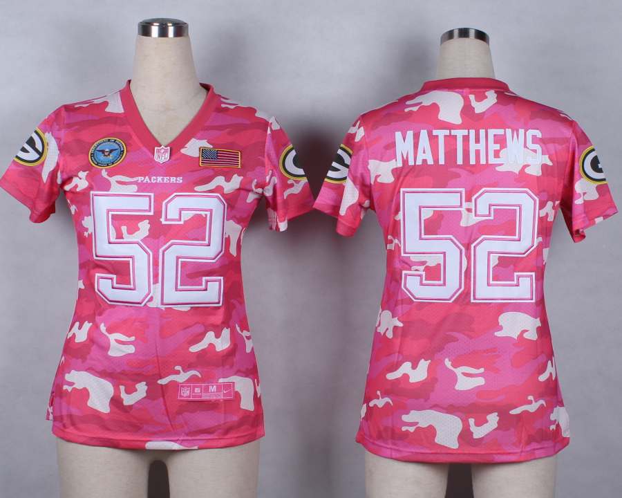 Nike Green Bay Packers #52 Matthews Womens Salute to Service New Pink Camo Jersey