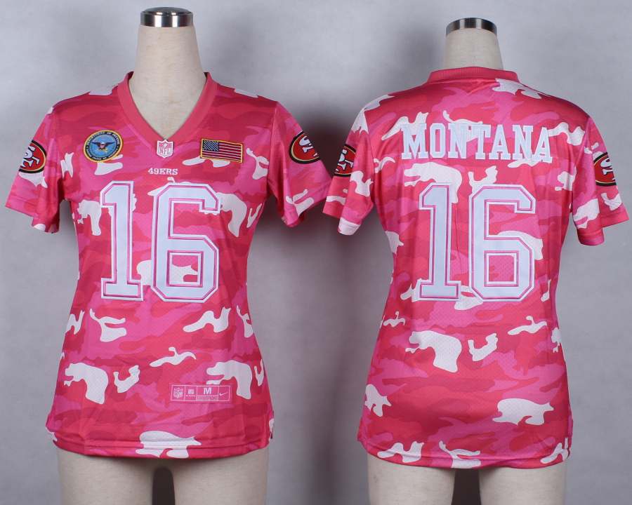 Nike San Francisco 49ers #16 Montana Womens Salute to Service New Pink Camo Jersey