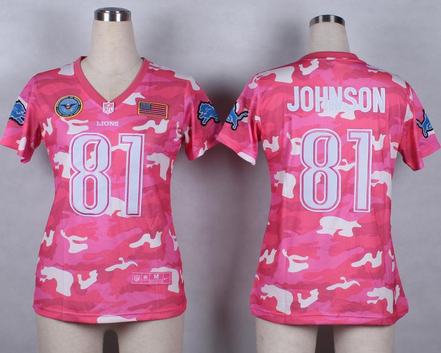 Nike Detroit Lions #81 Johnson Womens Salute to Service New Pink Camo Jersey