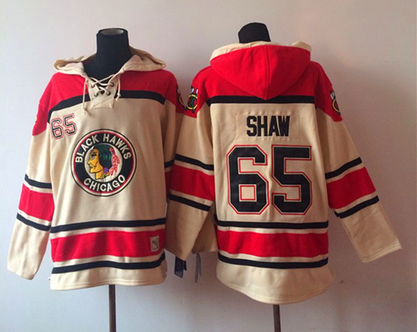 NHL Chicago Blackhawks #65 Shaw Cream Red Hoodie