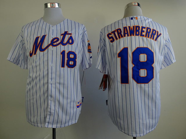 MLB New York Mets #18 Strawberry White Blue Pinstripe Jersey
