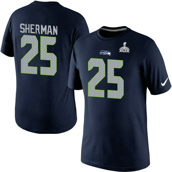 Mens Seattle Seahawks Richard Sherman Nike College Navy Super Bowl XLIX Player Pride Name & Number T-Shirt 