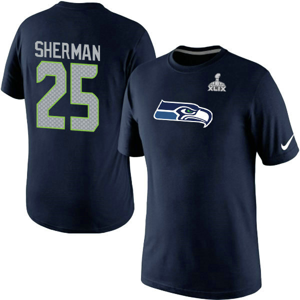 Mens Seattle Seahawks Richard Sherman Nike College Navy Super Bowl XLIX Player Name & Number T-Shirt 