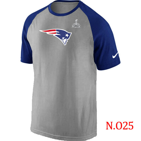 Mens New England Patriots Super Bowl XLIX Ash Tri Big Play Raglan T-Shirt Grey- Blue 