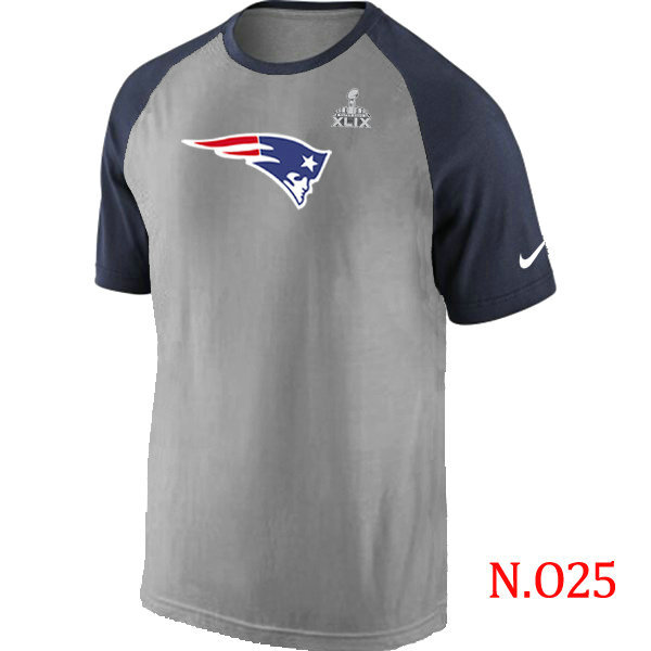 Mens New England Patriots Super Bowl XLIX Ash Tri Big Play Raglan T-Shirt Grey- Navy 