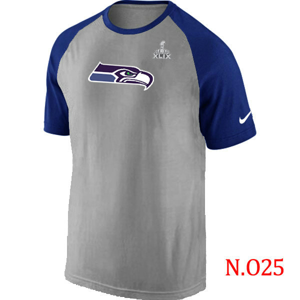 Mens Seattle Seahawks Super Bowl XLIX Ash Tri Big Play Raglan T-Shirt Grey- Blue 