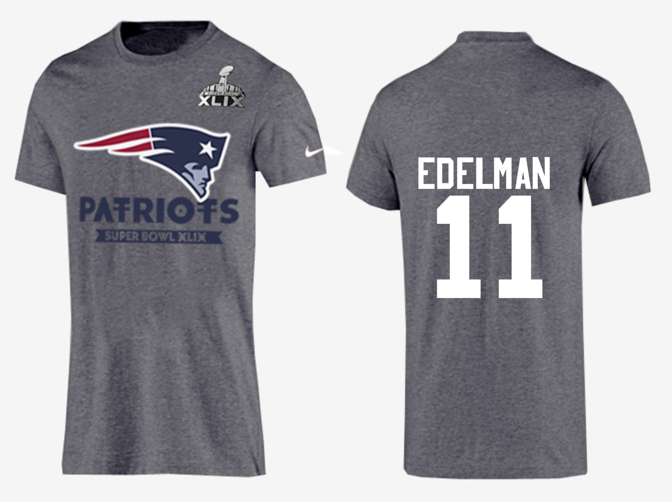 Mens New England Patriots #11 Edelman Grey Superbowl T-Shirt