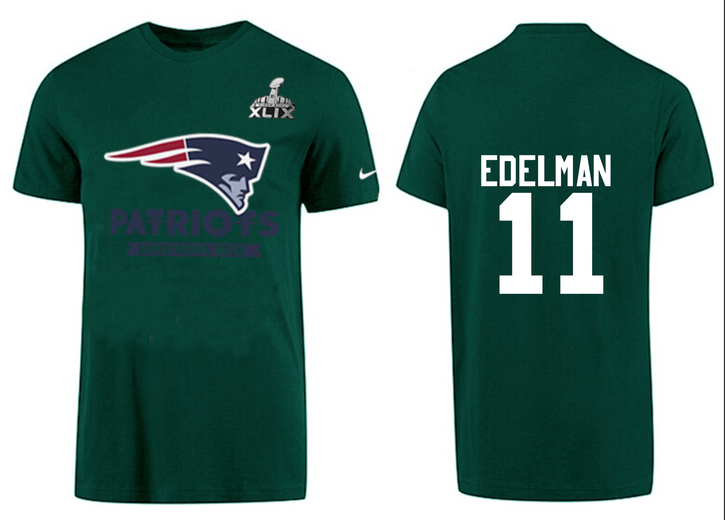 Mens New England Patriots #11 Edelman Green Color Superbowl T-Shirt