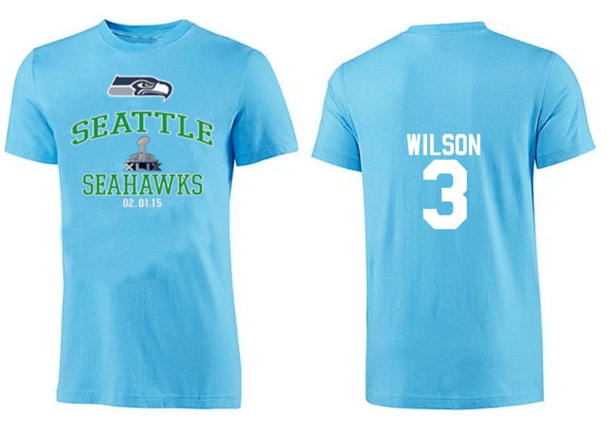 Mens Seattle Seahawks #3 Wilson Superbowl Light Blue T-Shirt