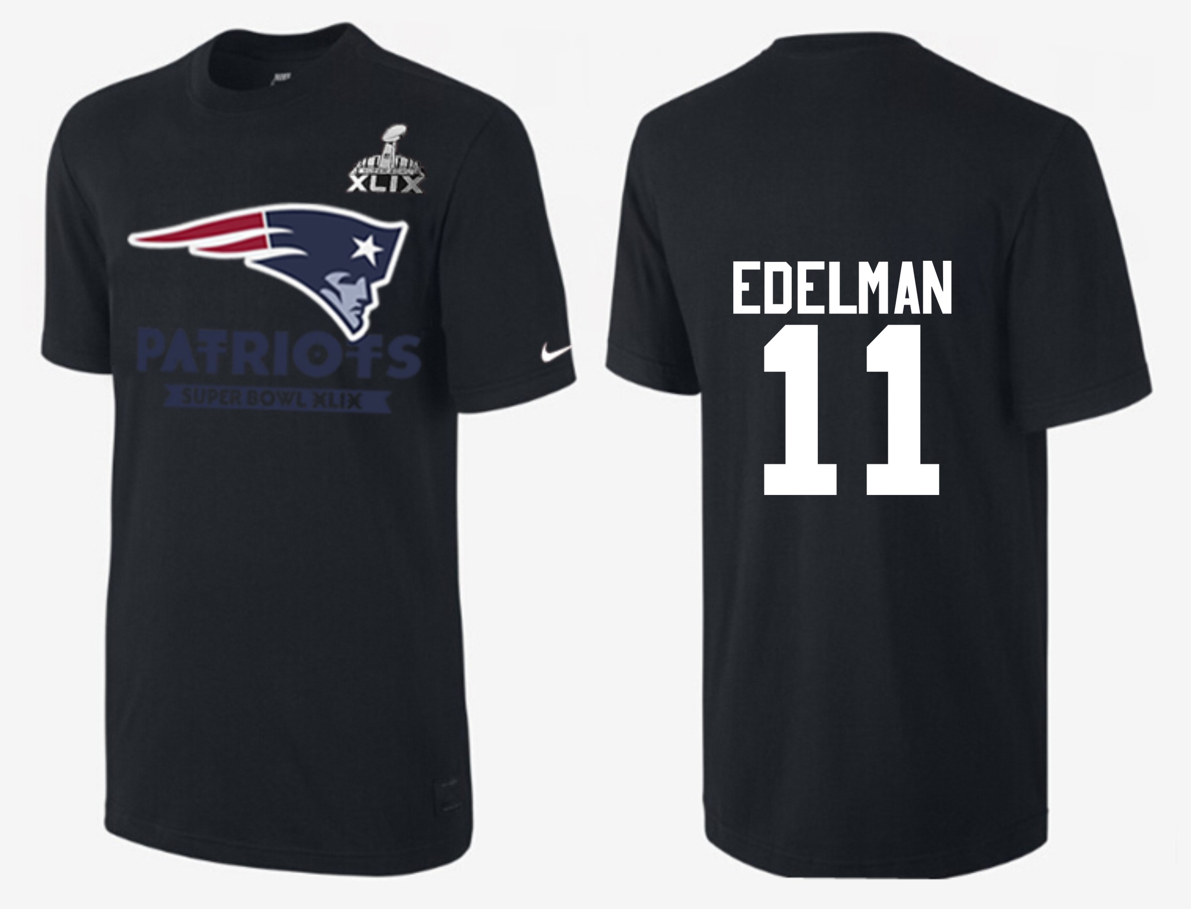 Mens New England Patriots #11 Edelman Black Superbowl T-Shirt