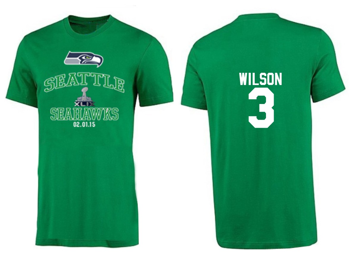 Mens Seattle Seahawks #3 Wilson Green Superbowl T-Shirt