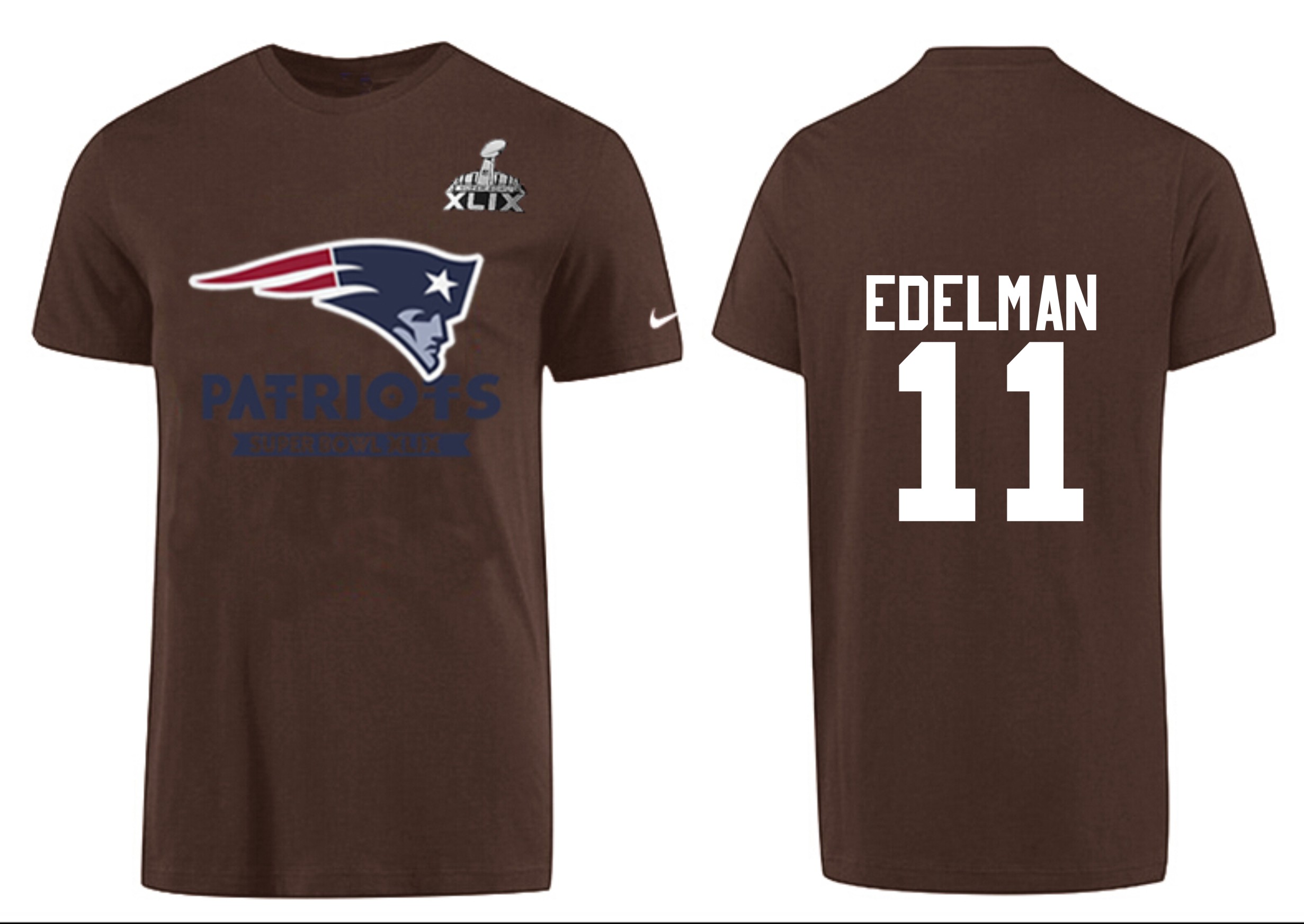 Mens New England Patriots #11 Edelman Brown Superbowl T-Shirt