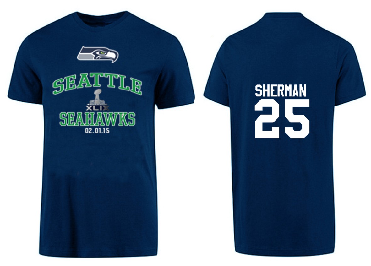 Mens Seattle Seahawks #25 Sherman D.Blue Superbowl T-Shirt