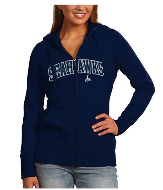 Womens Seattle Seahawks Antigua Navy Blue Super Bowl XLIX Bound Signature Full Zip Hooded Sweatshirt