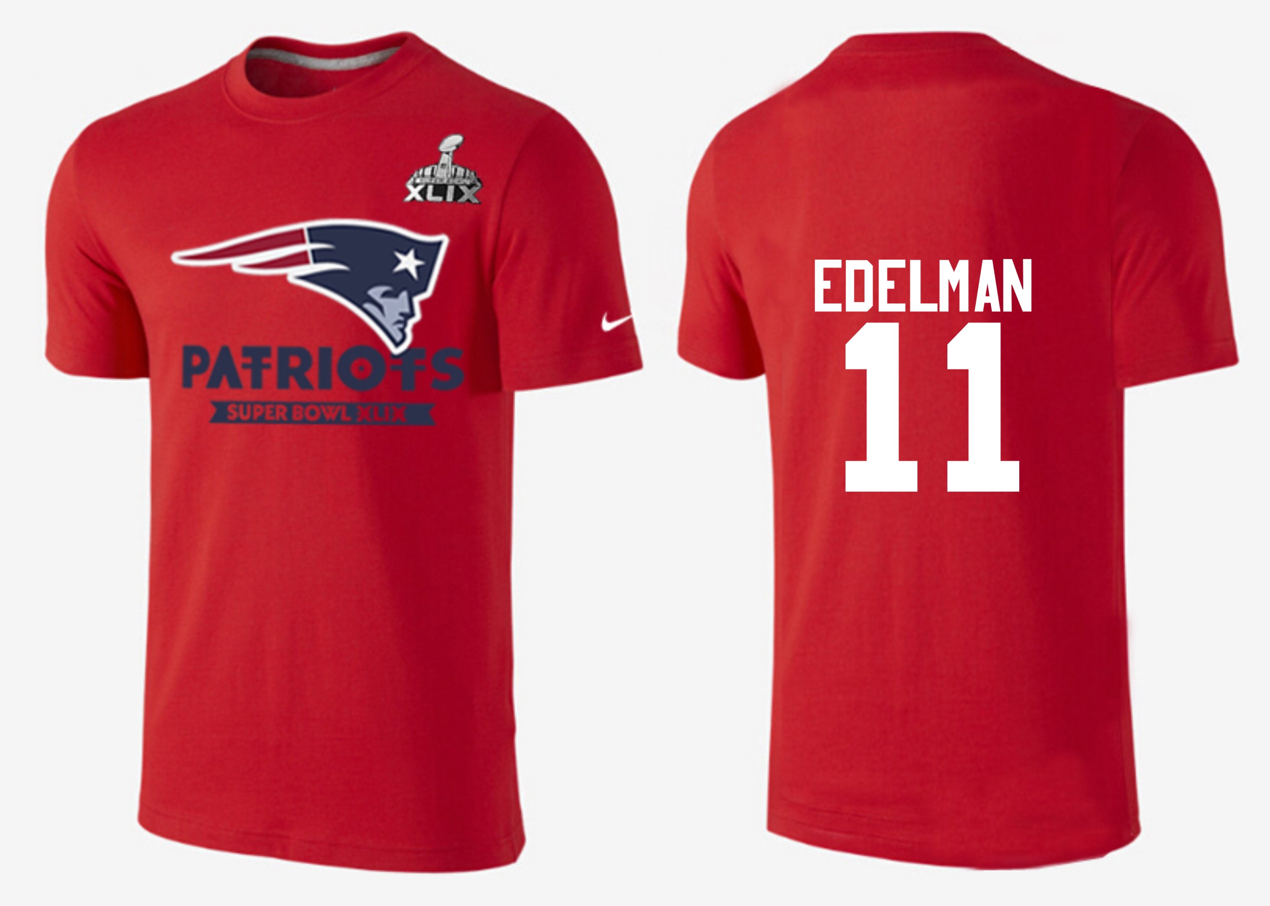 Mens New England Patriots #11 Edelman Red Superbowl T-Shirt