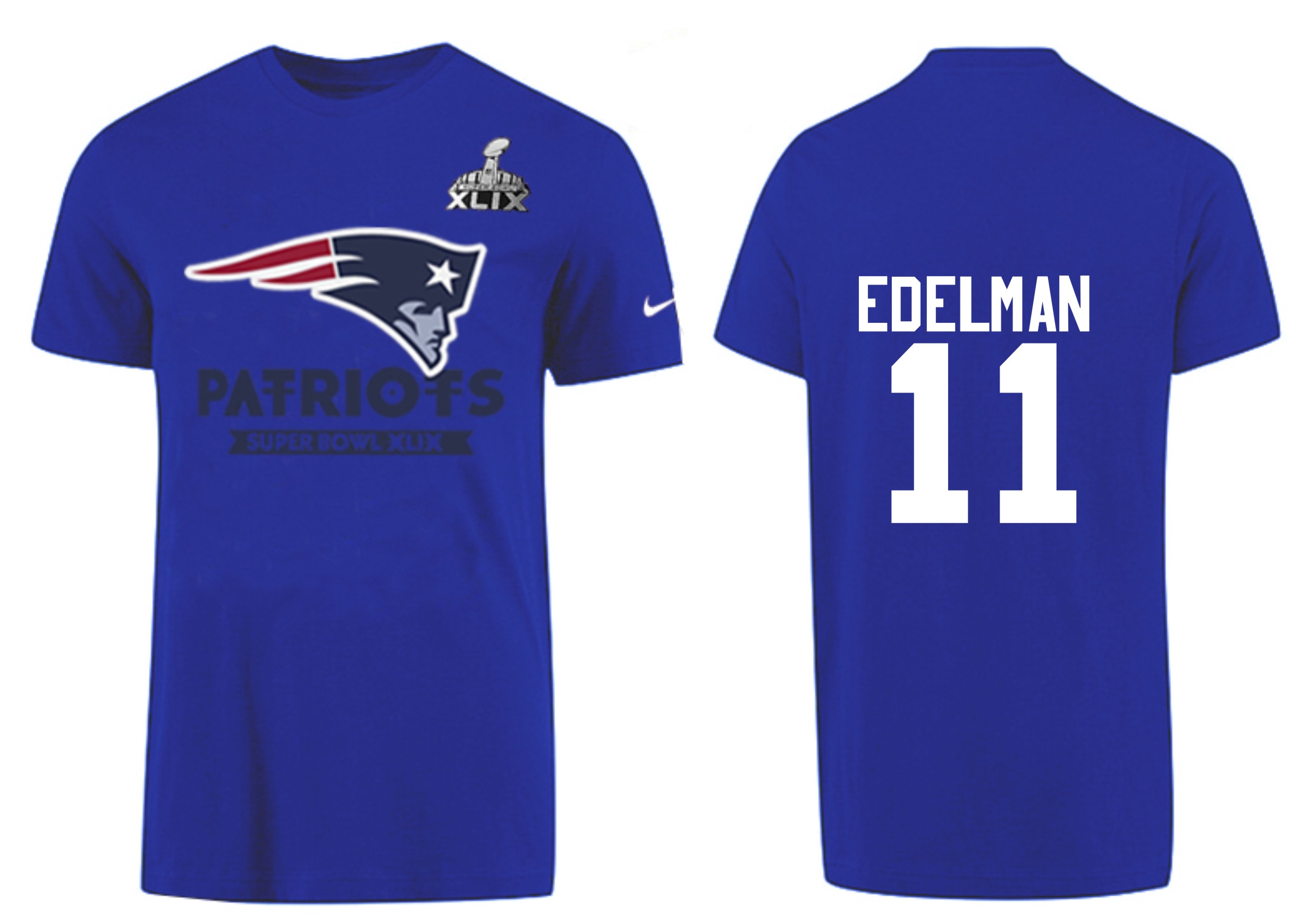 Mens New England Patriots #11 Edelman Blue Superbowl T-Shirt