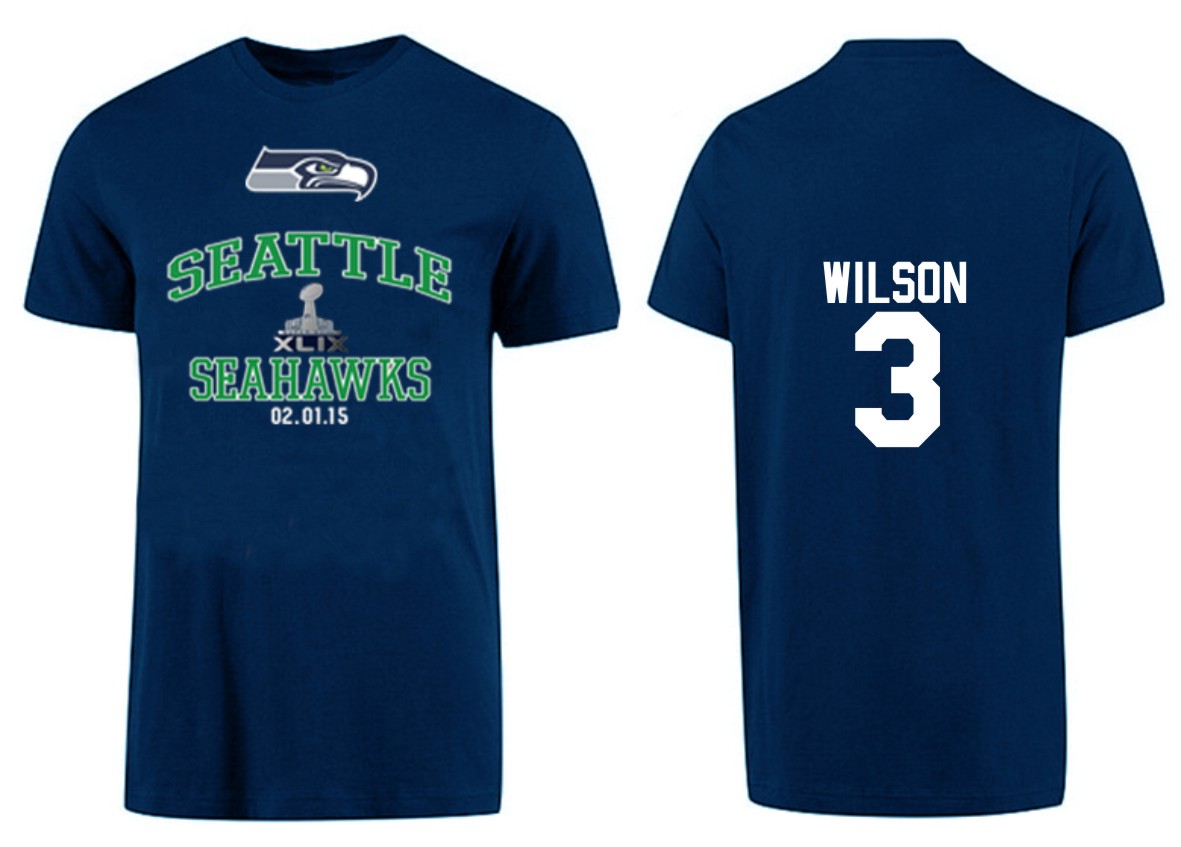 Mens Seattle Seahawks #3 Wilson Superbowl D.Blue T-Shirt